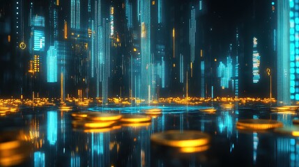 Digital stock market interface displaying fluctuating candlestick graph with glowing blue lines, golden coins scattered on reflective surface, futuristic finance and cryptocurrency trading theme.