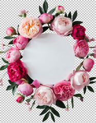 Rich floral wreath frame with roses, Romantic Floral Wreath with Pink Roses and Buds on transparent background, png, psd
