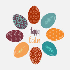 A round frame of colorful Easter patterned eggs with Happy Easter in the center. Holiday flat vector illustration for greetings, stickers, postcards, posters, stickers etc.