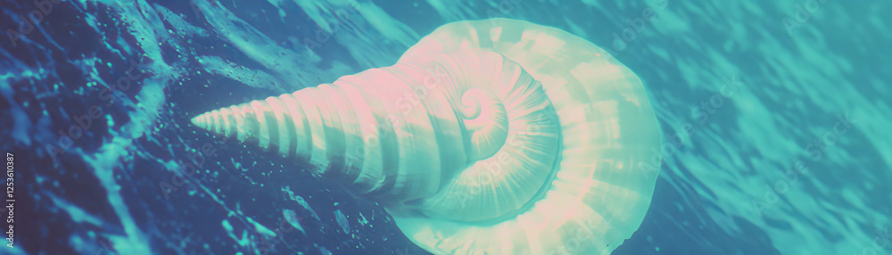 Poster spiral shaped seashell with unique texture set against a grunge halftone background