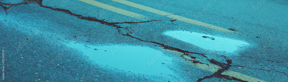 Aufkleber Close-up view of cracked asphalt with halftone texture and patches highlighting surface details