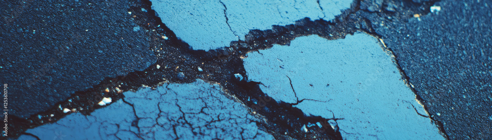 Poster halftone texture showcasing cracked asphalt with patches in a close-up view