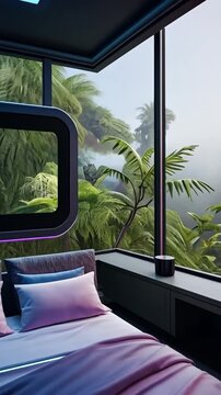 Vertical Video A high-tech bedroom featuring customizable RGB LED lights under the bed, behind the headboard, and on the ceiling, with a panoramic view of a tropical rainforest