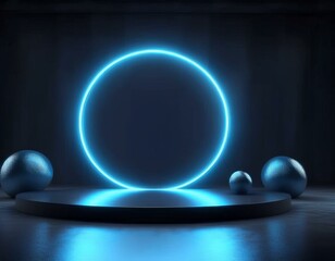 Empty dark podium featuring realistic spheres and a neon ring in the background 3D rendered illustration showcasing a dark and blue abstract scene with a glowing blue ring