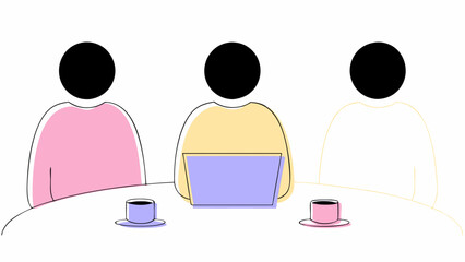 Three faceless individuals, depicted in pastel colors, sit around a table. One has a laptop in front of them, while the others have cups of coffee.AI