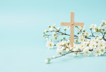 Wooden cross with white spring blossoms on branches against pastel blue background. Christian faith and Easter celebration concept. Spiritual and religious symbol. Copy space.