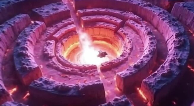 A massive glowing maze in space shaped like a spiral galaxy, with starships navigating through and vibrant nebulas swirling around it.
