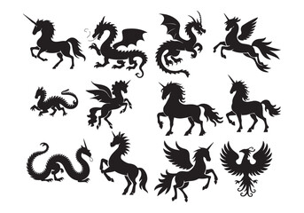 A creative, clean silhouette vector design depicting 8 mythical creatures a dragon with wings outspread, a unicorn with a spiral horn on its forehead, a phoenix © MDSHOFIQUL