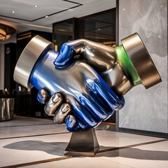 A high-quality metal abstract sculpture with blue and green accents, resembling two hands shaking, stands in a modern business hotel lobby, with projected shadows on the floor.