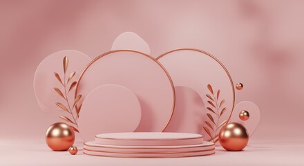 An elegant pink podium with a blurred pink background featuring abstract organic shapes and bronze details for premium product shooting.

