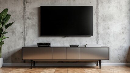 TV Mockup with Remote, Chic loft TV on console concrete wall remote on edge photorealistic.
