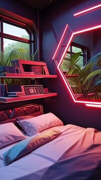Vertical Video A high-tech bedroom featuring customizable RGB LED lights under the bed, behind the headboard, and on the ceiling, with a panoramic view of a tropical rainforest
