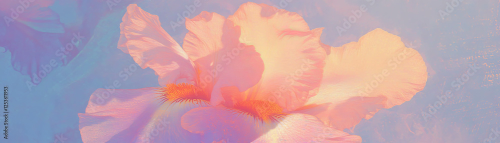 Poster unique halftone representation of a single iris flower with textured petals on a grunge background