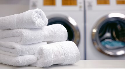 Laundry Cloth and Toward Concept, Professional Laundromat Setting with Focus on Fresh White Towels Neatly Stacked for Cleaning Use