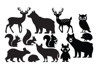 A vector illustration of a fresh and clean silhouette of forest animals against a white background. The animals include a deer, fox, bear, wolf, squirrel, raccoon, owl, and hedgehog