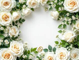 Wedding or anniversary invitation, wedding invite background with white roses and rings.