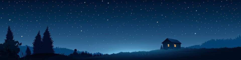 Fototapeta premium A serene night sky filled with twinkling stars over a peaceful open field, beautifully illustrated in a drawing-style animation, perfect for dreamy, celestial, and nature-themed backgrounds