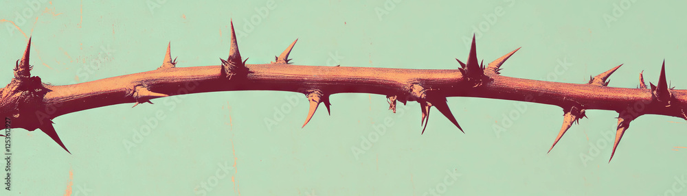 Poster Thorny branch with sharp thorns and textured bark in halftone style on a grunge background