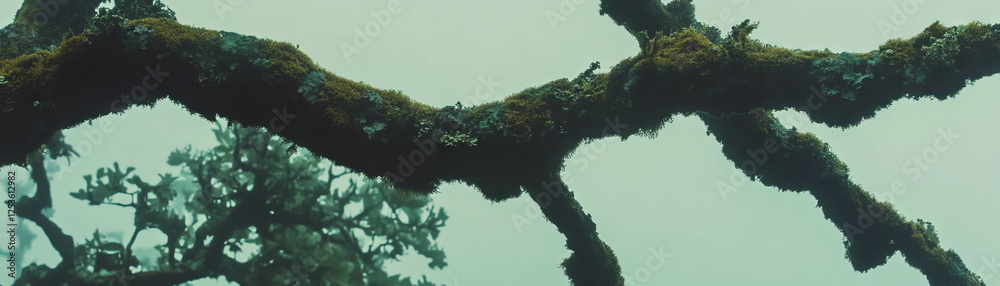Poster moss and lichen covered tree branch showcasing intricate textures against a grunge backdrop