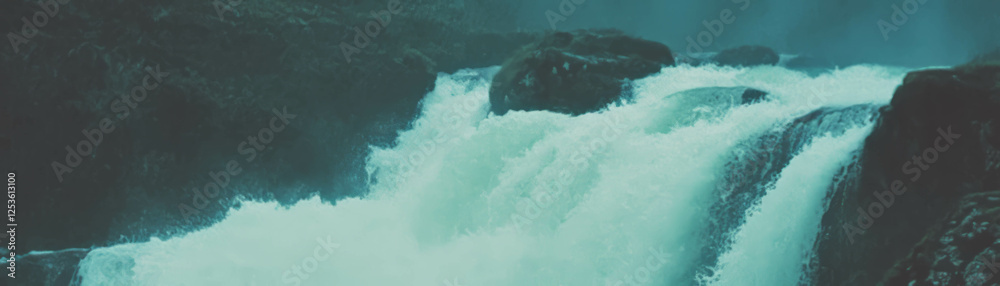 Poster cascading waterfall with halftone texture over rocky terrain and grunge background