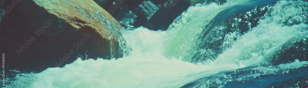 Poster Waterfall with halftone texture cascading over rocky surface in a tranquil setting