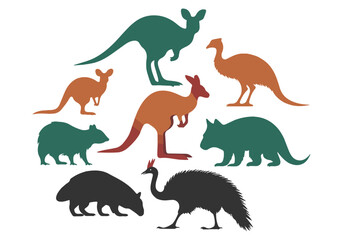 A vibrant, modern silhouette vector design featuring iconic Australian animals kangaroo, koala, emu, wombat, dingo, platypus, echidna, and cassowary. The animals are arranged