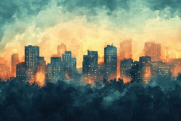 Obraz premium City skyline illuminated by dawn light behind trees