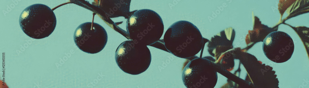 Poster Exploring unique textures and colors of berries on a branch against a grunge backdrop