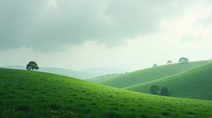 Fototapeta premium Serene Rolling Hills Landscape Featuring Solitary Trees Under a Soft Cloudy Sky