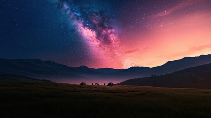 Starry Night Sky Over Mountain Range with Tents and Campers