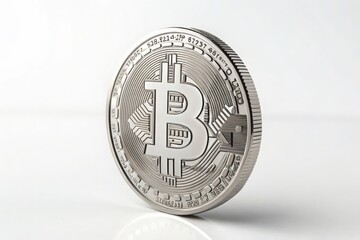 Close-Up of Detailed Bitcoin Coins in Shimmering  Platinum Finishes on a White Background, Ideal for Representing Cryptocurrency Themes, Digital Investment, and Modern Finance Concepts 