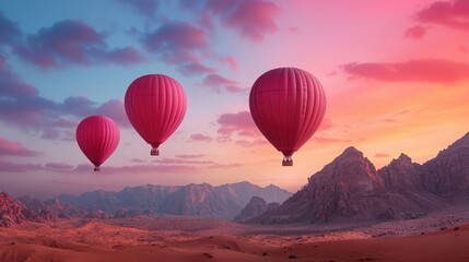 Obraz premium Three pink hot air balloons soaring over a colorful sunset in a mountainous desert landscape.