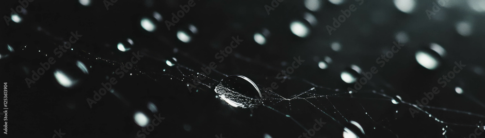 Poster Dew drops glimmering on delicate spider web threads with halftone texture in grunge background