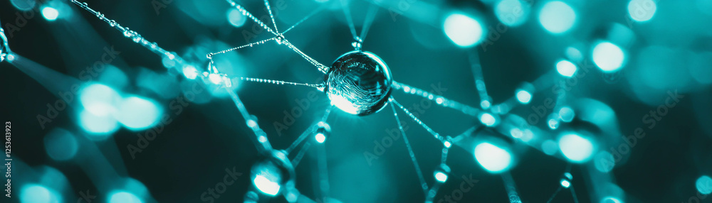 Poster Dew drops glisten on delicate spider web threads in a halftone texture setting