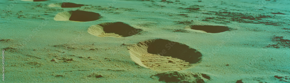 Poster unique halftone texture featuring varied footprints in the sand with a grunge background