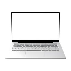 Modern silver laptop computer with blank screen isolated on transparent and white background