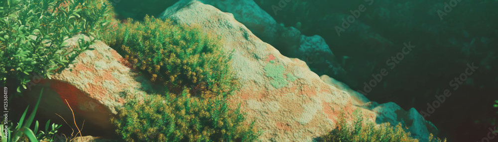 Poster moss texture on a rock showcasing varied colors and halftone effect in a natural setting