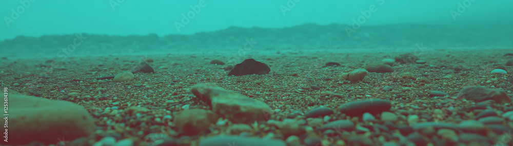 Poster halftone texture of varied pebbles on a beach with unique sizes and shapes