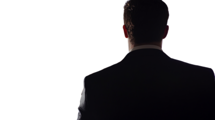 Contemplative Silhouette, Man in Suit Against Ominous Dark Background