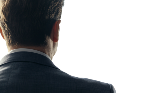 Rear View of a Businessman in Suit Contemplating, Isolated on Black
