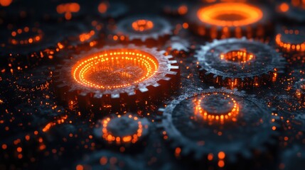 A close-up of glowing gears with an industrial design, highlighting technology and mechanics.