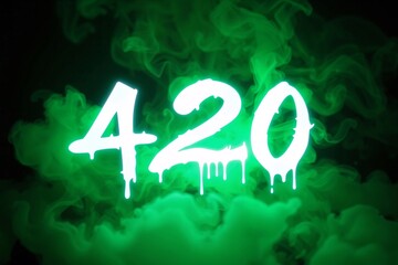 White glowing 420 dripping text number on green smoke background.