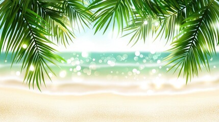 Fototapeta premium Tropical beach scene with palm leaves, summer vacation background illustration