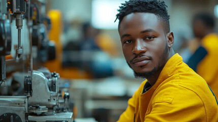 Confident black man in an industrial environment wearing a yellow jacket, looking determined