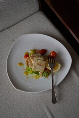 Plated Salmon Fish Dish with Vegetables and Lemon