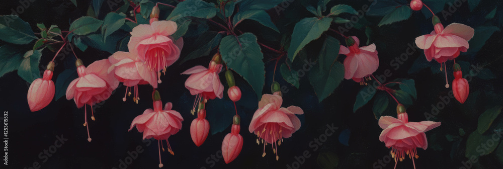 Poster fuchsia blooms cascading gracefully in a lush green backdrop during late spring