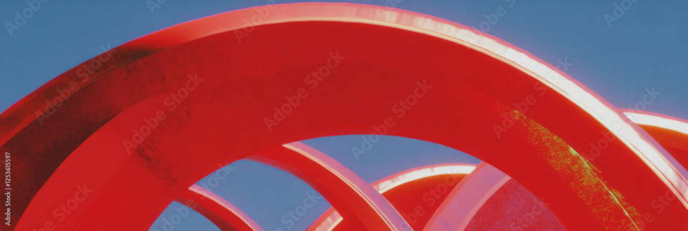 Poster crimson arcs against the clear blue sky create a vibrant visual display in an urban setting