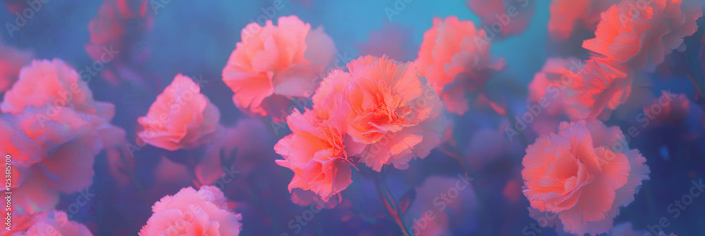 Poster vibrant carnation florets bloom against a soft blue backdrop in an artistic display