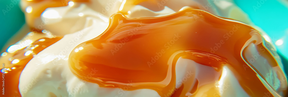 Poster delicious caramel sauce drizzling over smooth dessert delight in a colorful setting