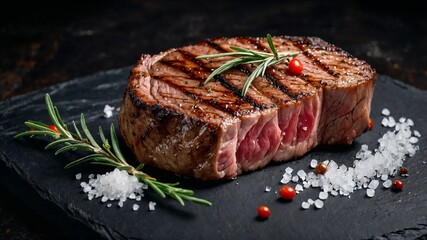 Saftiges Rindersteak medium gebraten mit Rosmarin und grobem Meersalz dekoriert